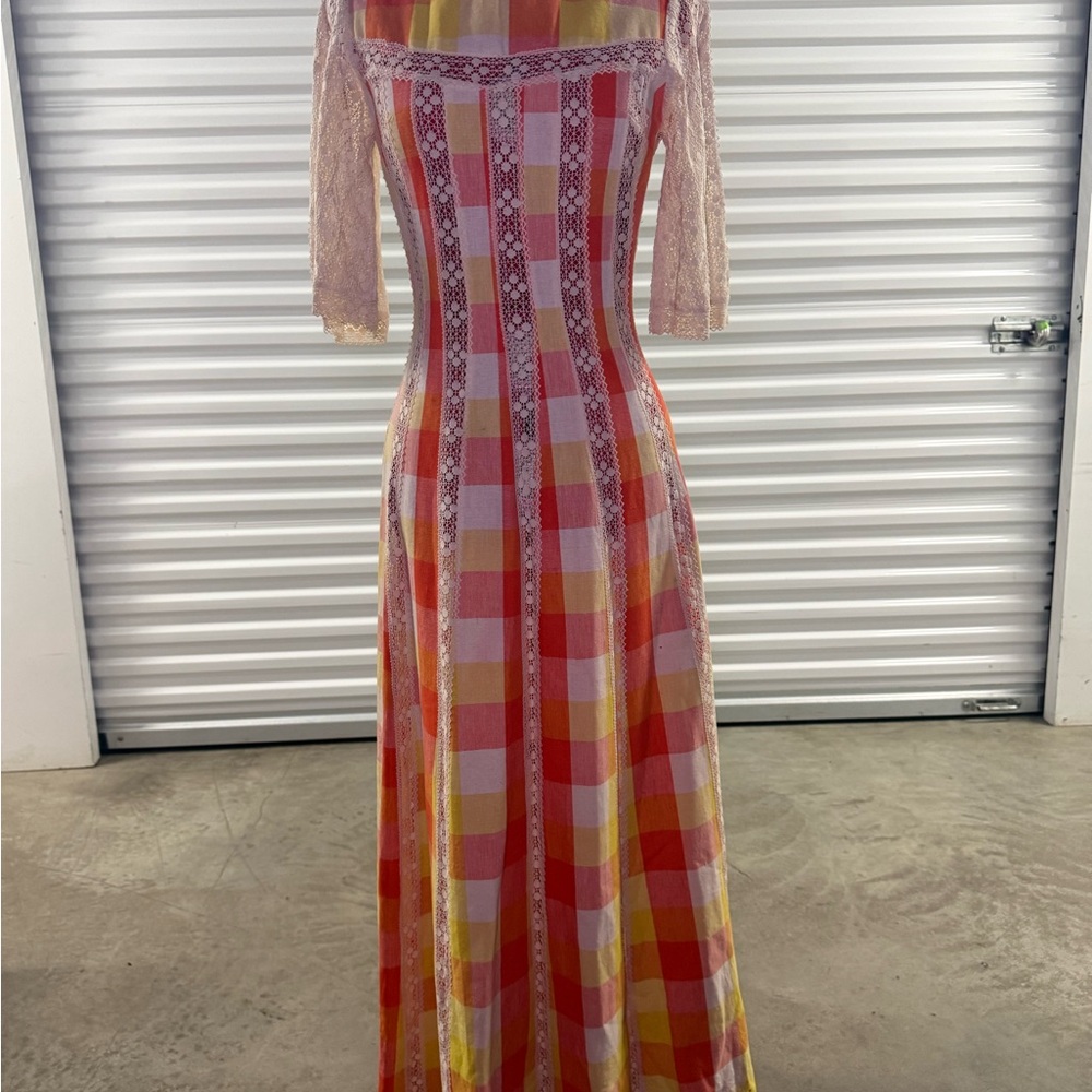 Pink and Yellow Plaid Maxi Dress with Lace Trim